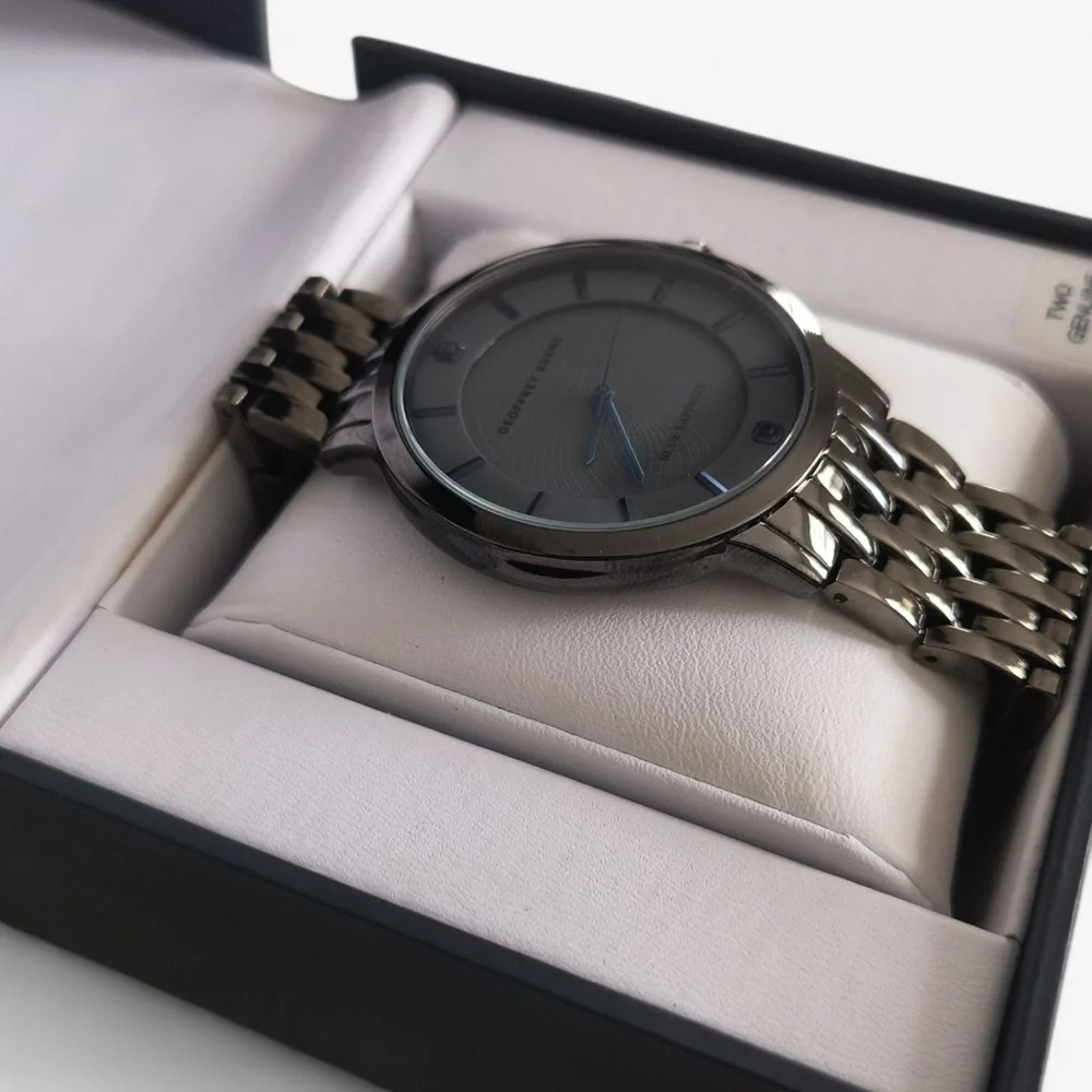 Geoffrey Beene Gunmetal Gray Stainless Steel Blue Sapphire Collection Watch